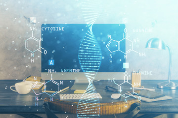 Desktop computer background and DNA drawing. Double exposure. Science concept.