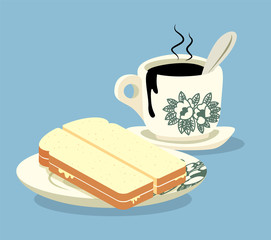 Breakfast set. Traditional oriental style coffee and kaya butter toast set .Vintage Nanyang style coffee cup and plate. Translation: Coconut jam- flat art vector
