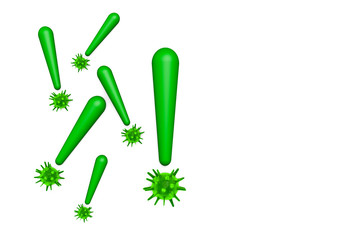 3d rendering of healthcare and medicine Concept. Green exclamation marks with viruses as their dots on white background. Viruses in infected organism, mutation.  Corona, influenza viruses. copy space