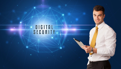 Businessman thinking about security solutions with DIGITAL SECURITY inscription
