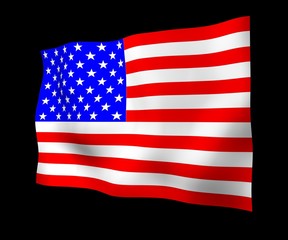 Waving flag of the United States of America on a dark background. Stars and Stripes. State symbol of the USA. 3D illustration