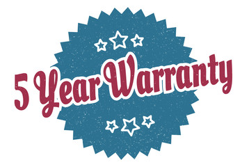 5 year warranty sign. 5 year warranty round vintage retro label. 5 year warranty