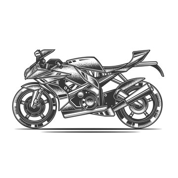 Original monochrome vector illustration in retro style. The fastest motorcycle. Superbike.