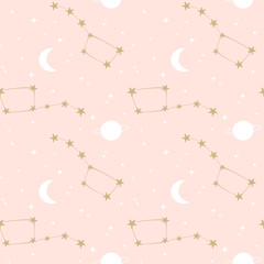 jolie jolie illustration de fond de motif vectoriel harmonieux rose, blanc et or avec constellation, étoiles, lune et planètes