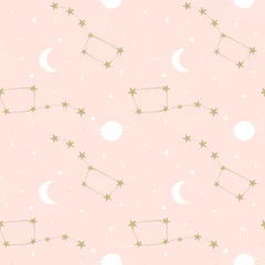 Sierkussen schattige mooie roze, witte en gouden naadloze patroon achtergrond vectorillustratie met sterrenbeeld, sterren, maan en planeten © Alice Vacca