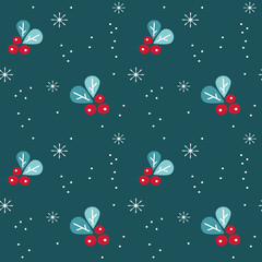 cute christmas seamless vector pattern background illustration with red berries and snowflakes