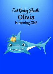 Baby shark birthday invitation card template. Vector illustration