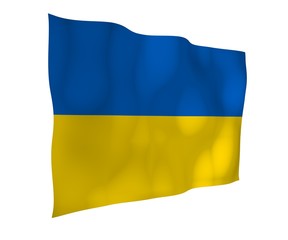 The flag of Ukraine on a white background. National flag and state ensign. Blue and yellow bicolour. 3D illustration waving flag