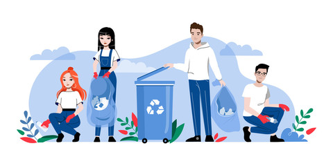 Concept Of Zero Waste And Recycling, Save Planet. Characters Clean Street Of Trash And Put It Into Container. People Are Pick Up And Sorting Garbage. Cartoon Linear Outline Flat Vector Illustration