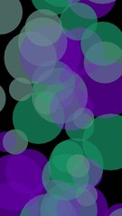 Multicolored translucent circles on a dark background. Green tones. 3D illustration