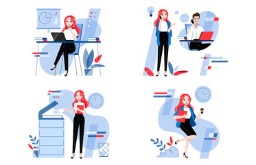Concept Of Businesswoman Working Day. Girl Is Working In The Office Doing Different Work. Finding New Ideas, Brainstorming And Collaboration. Cartoon Linear Outline Flat Style. Vector Illustration