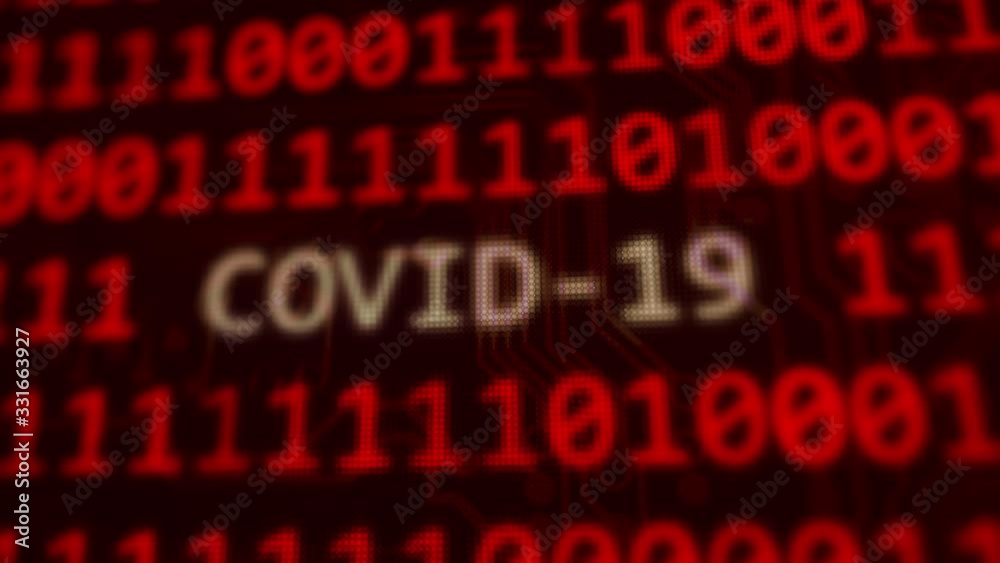 Poster covid-19, the coronavirus scientific code text on random binary code red screen, 3d animation