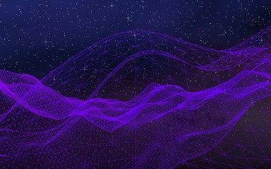 Abstract ultraviolet landscape on a dark background. Purple cyberspace grid. hi tech network. Outer space. Violet starry outer space texture. 3D illustration