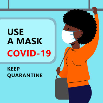 A square vector image with an woman being in the public transport. Keep quarantine during the coronavirus epidemic.