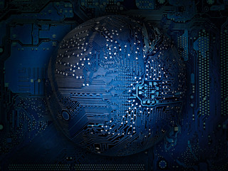  Electronic ball on the background of the PC motherboard