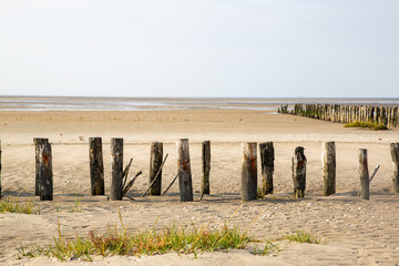 Wadden sea on the North Sea at low tide with breakwater, sand, silt and grass