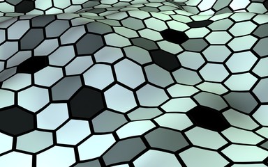 Honeycomb with a gradient color. Perspective view on polygon look like honeycomb. Wavy surface. Isometric geometry. 3D illustration