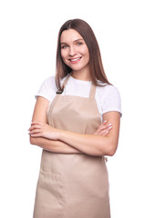 Young woman in apron isolated on white background