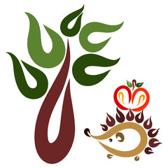 Naklejka premium green tree and little hedgehog with ripe apple on the back