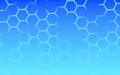 Translucent, with breaks, honeycomb on a gradient blue sky background. Perspective view on polygon look like honeycomb. Isometric geometry. 3D illustration