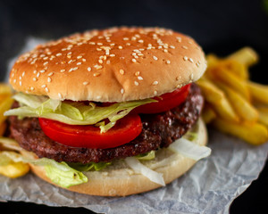 Tasty burger with tomatoes and lettuce
