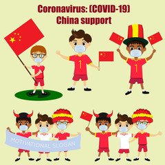 Set of chinese boys with national flags. Men in medical masks. Coronavirus Covid 2019. People with national China flags in respirators. CoV Medical mask.