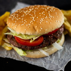 Tasty burger with tomatoes and lettuce