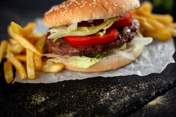 Tasty burger with tomatoes and lettuce