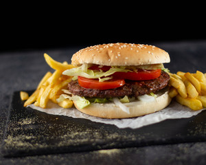 Tasty burger with tomatoes and lettuce
