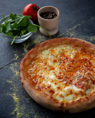 Tasty cheesy pizza over a rustic background