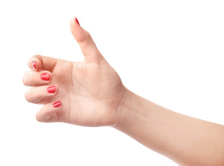 Hand with red manicure isolated on white background