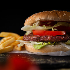 Tasty burger with tomatoes and lettuce