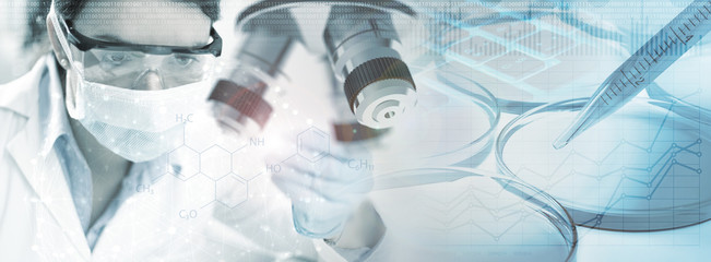 double exposure of woman chemist and scientific lab equipment