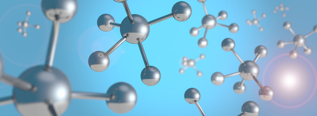 steel molecular structure and flare in blue background