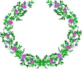 flower frame of lilac roses and green leaves in a circle on a light background for decorating stencils and postcards