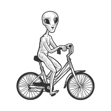 alien rides a bicycle sketch engraving vector illustration. T-shirt apparel print design. Scratch board imitation. Black and white hand drawn image.