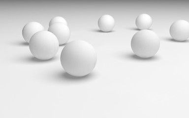 White abstract background. Set of white balls isolated on white backdrop. 3D illustration