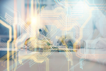 Double exposure of hands making notes with world map hologram and data theme icons. Concept of international network data.
