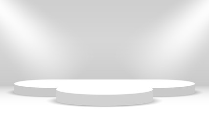 White podium and spotlights. Stage for awards ceremony. Pedestal. Vector illustration.