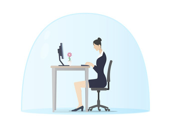 Woman Protected Under a Glass Dome Works From Home to Avoid Corona Virus Danger. Self quarantine. Smart Working Concept.