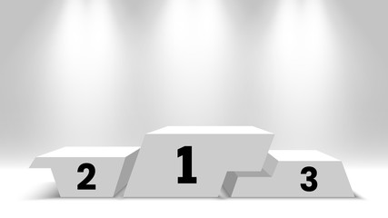 Winners podium. Blank pedestal with spotlights on white room. Vector illustration.