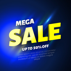 Mega sale banner on blue background. Vector illustration.
