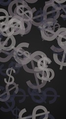 Gray translucent dollar signs on dark background. Gray tones. 3D illustration