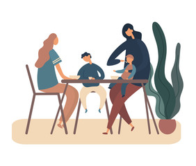 Modern family having breakfast at home. Flat vector illustration
