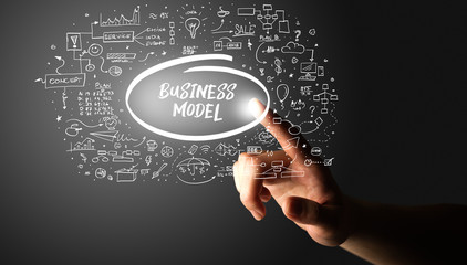 Hand touching BUSINESS MODEL inscription, hand drawn icons around, business plan concept