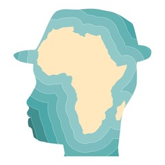 Blue and bright turquoise sea, yellow sand background. African continent map and male head. Double exposure style illustration.