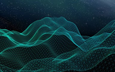 Abstract landscape on a dark background. Cyberspace grid. hi tech network. Outer space. Starry outer space texture. 3D illustration © Plastic man