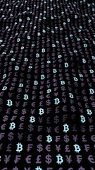 Bitcoin and currency on a dark background. Digital crypto symbol. Currency bubble, wave effect, market fluctuations. Business concept. 3D illustration