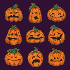 Halloween october pumpkin set with face emotion
