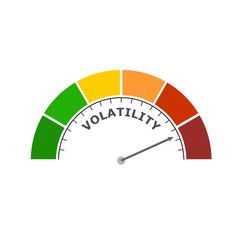 Level scale with arrow. The volatility measuring device icon. Sign tachometer, speedometer, indicator. Infographic gauge element.